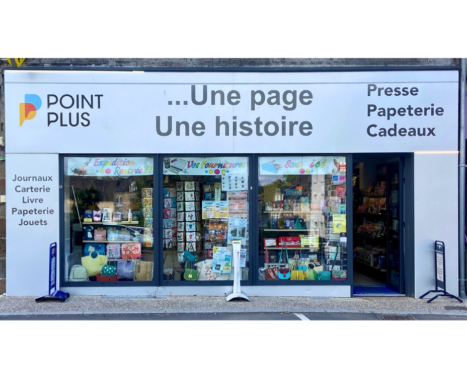 Création d'une banderole, signalétique pour vitrine de magasin. Ici, promotion  pour la rentrée scolaire pour une papeterie. Matière utilisée: bâche réutilisable, fixée depuis l'intérieur de la vitrine. 